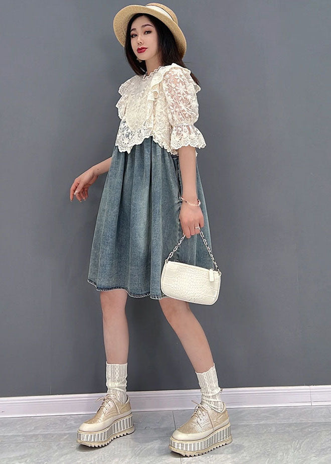French Blue Stand Collar Hollow Out Lace Patchwork Cotton Denim Mid Dresses Short Sleeve Summer