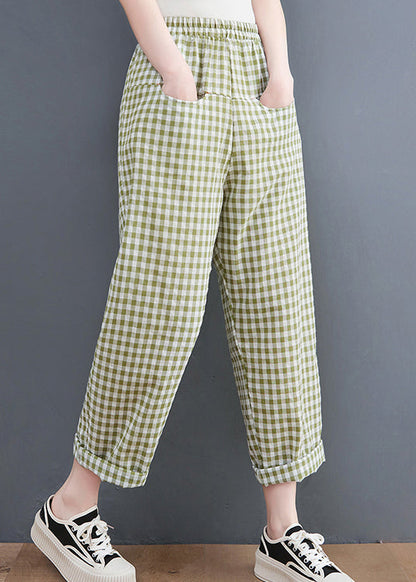 Green Plaid Elastic Waist Plaid Linen Pants Spring