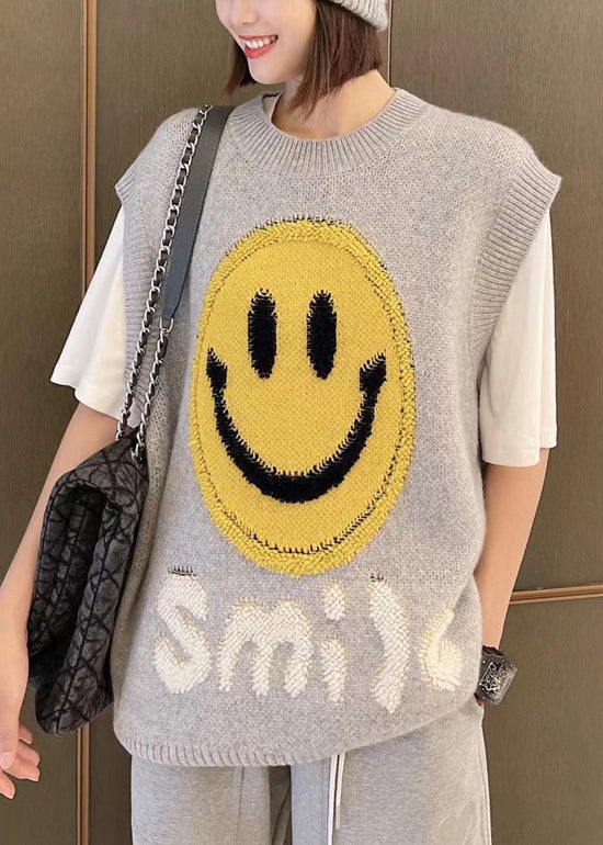 Orange O-neck Smile Jacquard Patchwork Knit Vest Sleeveless