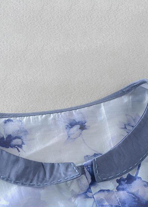 Diy Blue Oversized Print Linen Shirt Top Half Sleeve