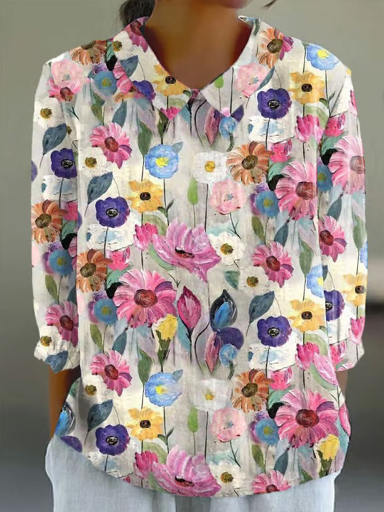 Comstylish Women's Vintage Botanical Floral Patchwork Art Print Design Lapel Shirt