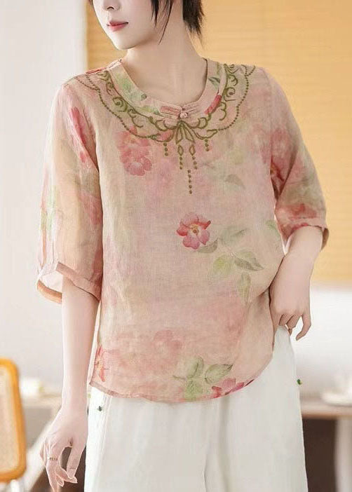Pink Print Chinese Style Linen Top Summer