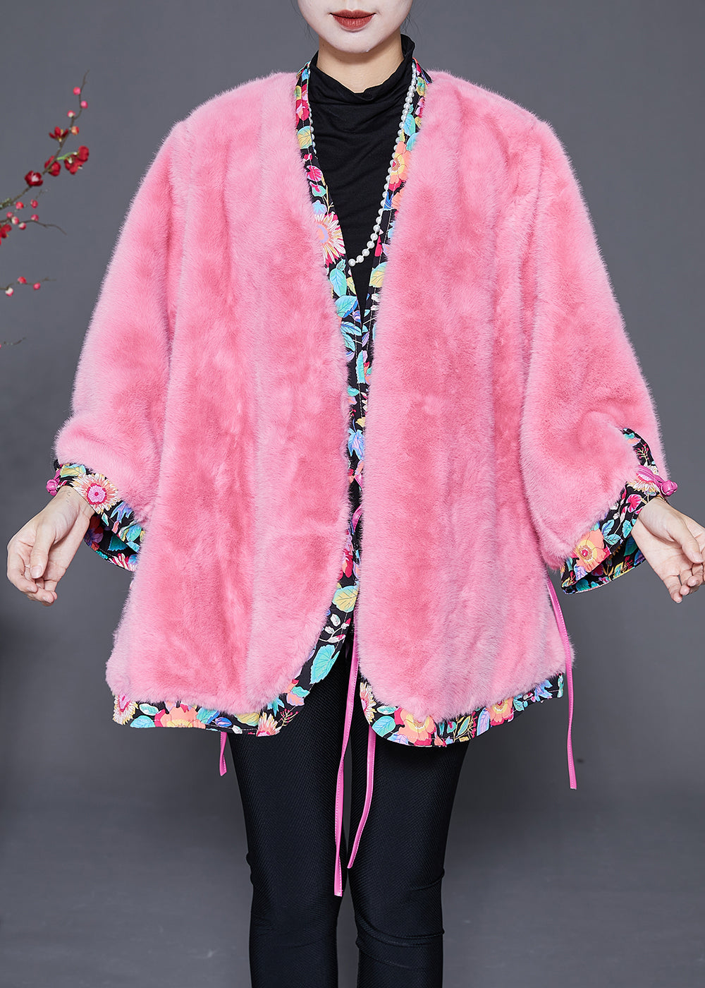 Pink Oversized Patchwork Mink Velvet Jacket Winter