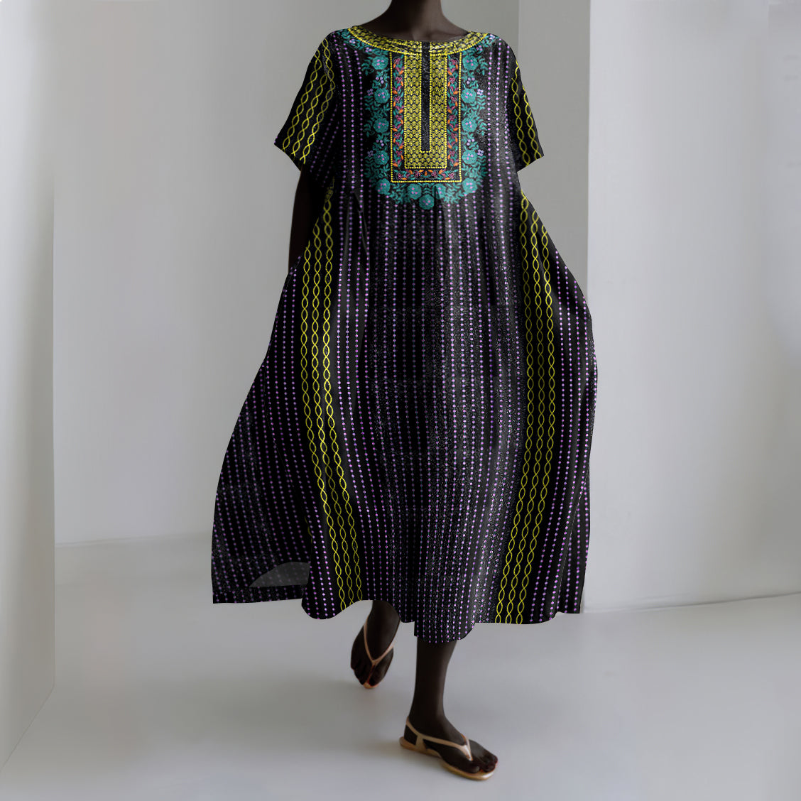 Vintage Tribal Print Women's Linen Dress artswardrobe