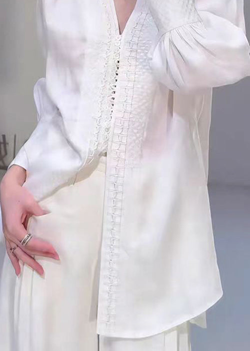 White Peter Pan Collar Jacquard Cotton Shirts Top Fall