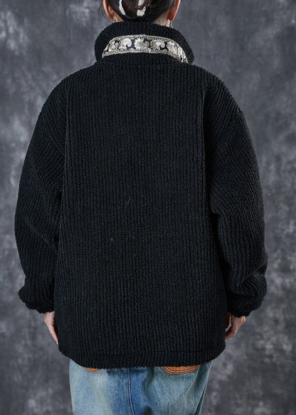 Black Zip Up Patchwork Chinese Button Fine Cotton Filled Jacket Winter