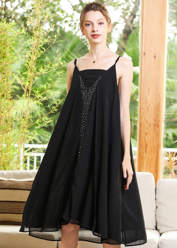 Black Oversized Diamond Chiffon Spaghetti Strap Dress Summer