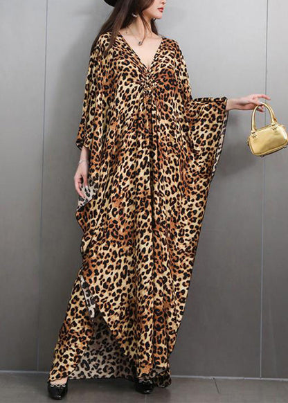 Italian Leopard V Neck Side Open Maxi Dress Batwing Sleeve Fall