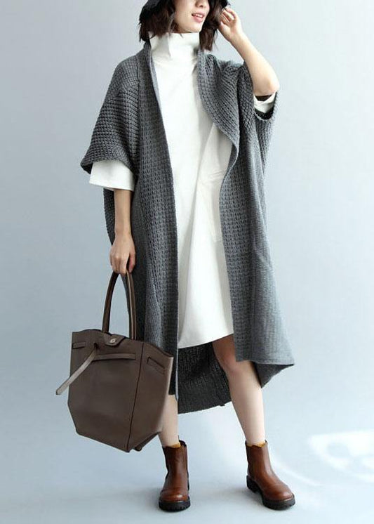 Dark Gray Bat Wing Sleeve Pockets Fall Knitwear Coat