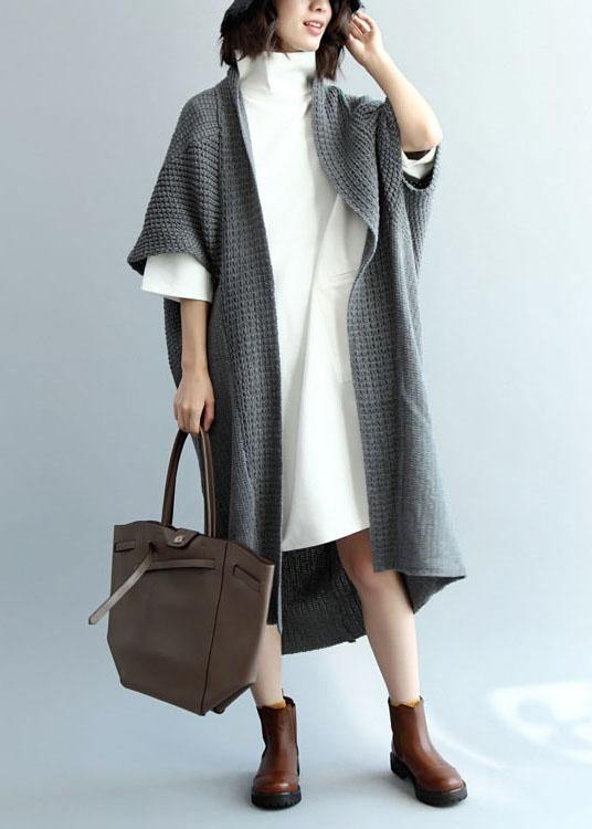 Dark Gray Bat Wing Sleeve Pockets Fall Knitwear Coat