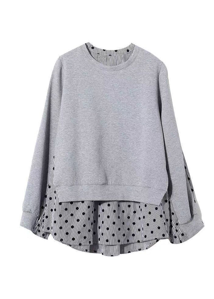 Grey O Neck False Two Pieces Patchwork Cotton Top Fall