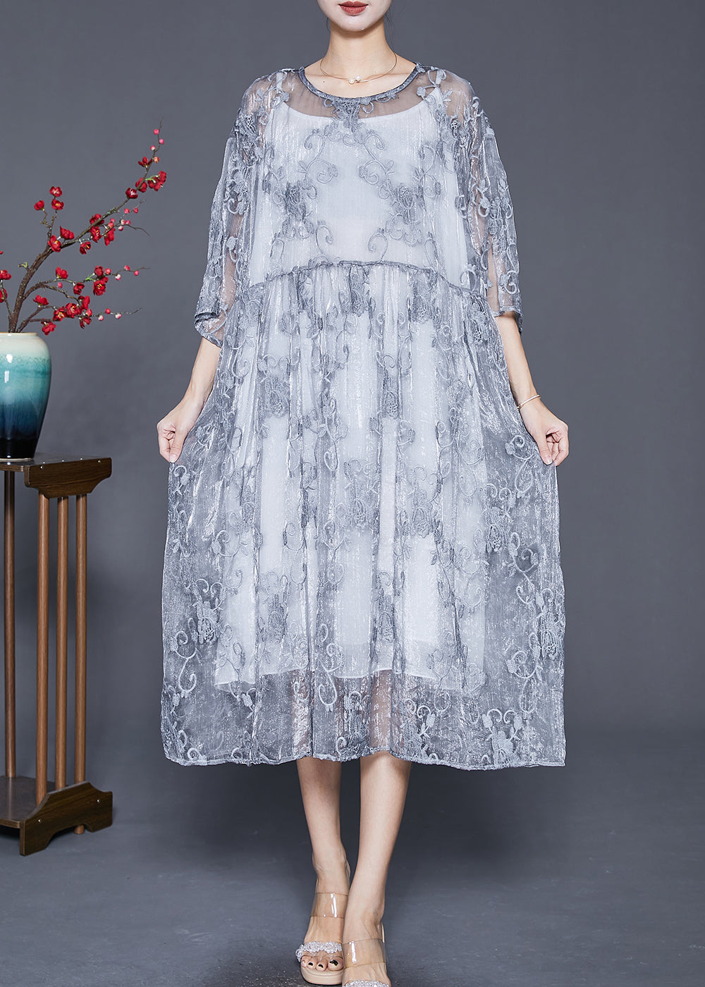 Grey Embroideried Tulle Robe Dresses Two Piece Set Summer
