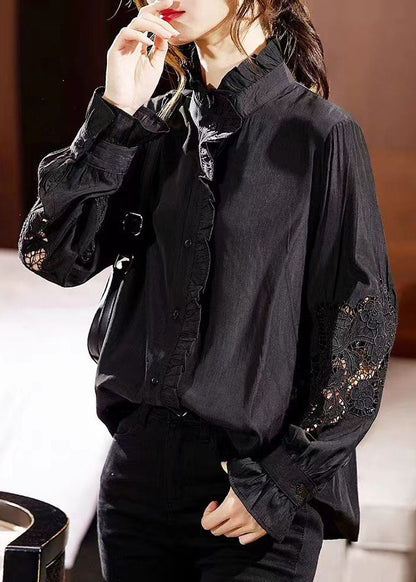 Chocolate Ruffled Hollow Out Chiffon Shirt Long Sleeve