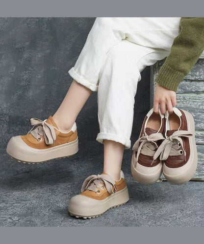 Splicing Platform Flat Shoes Brown Cowhide Leather Lace Up