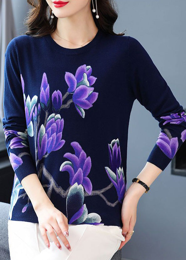 Navy O Neck Print Wool Knit Sweaters Long Sleeve