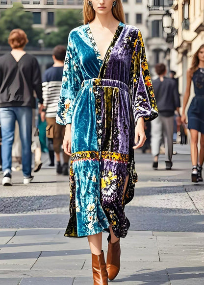 Boutique Cinched Patchwork Side Open Silk Velour Dress Spring