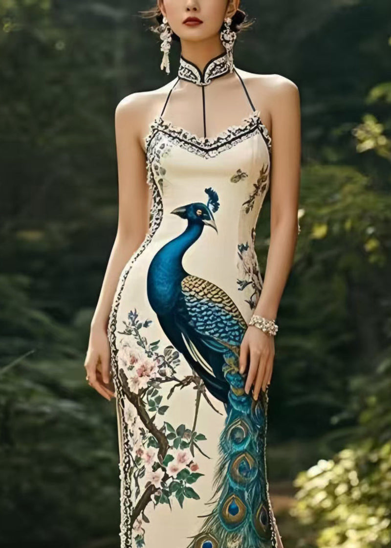 Peacock Print Side Open Silm Fit Silk Party Dress Summer