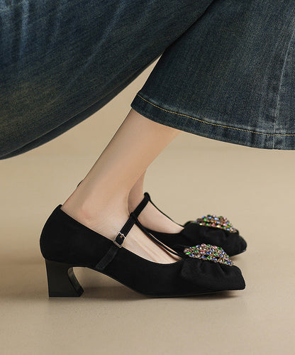 Purple Buckle Strap Chunky Suede Bow Zircon Splicing High Heels