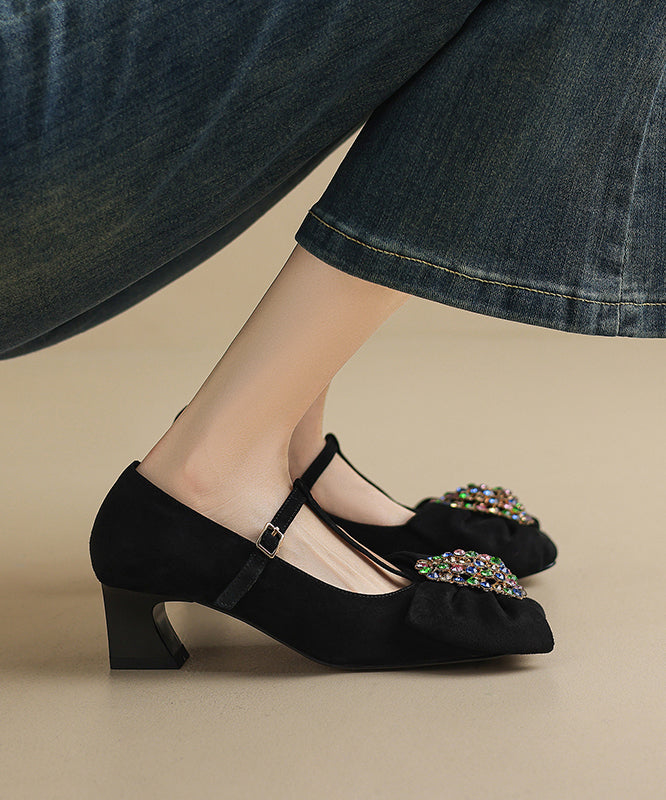 Purple Buckle Strap Chunky Suede Bow Zircon Splicing High Heels