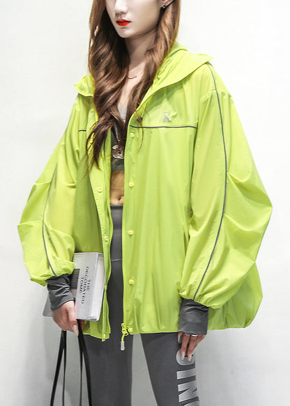 Loose Green Hooded Drawstring Patchwork Cotton Coat Summer