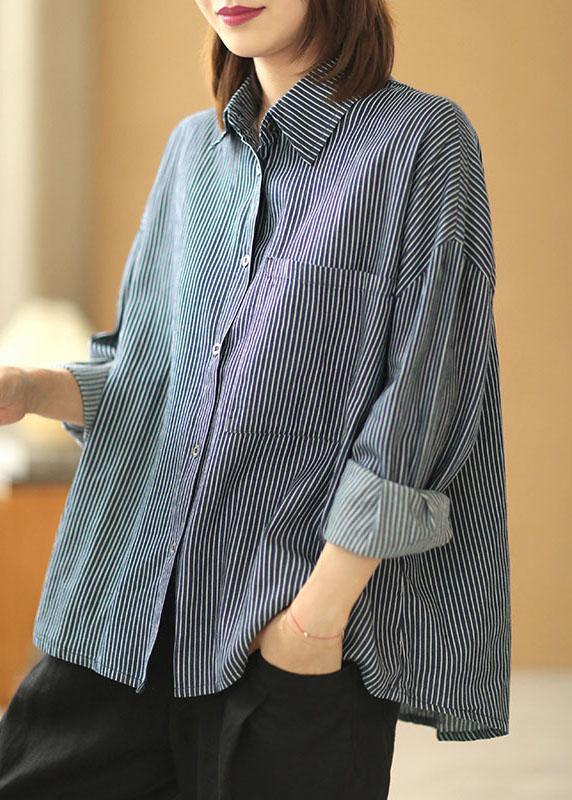 Italian Navy Striped Peterpan Collar Button Pockets Fall Top Long Sleeve