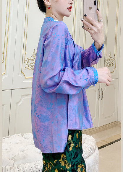 Purple Mandarin Collar Print Button Silk Shirt Top Spring