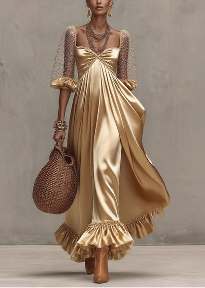 Golden Exra Large Hem Patchwork Tulle Maxi Dresses Summer