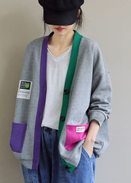 Grey V Neck Patchwork Cotton Cardigans Coats Spring