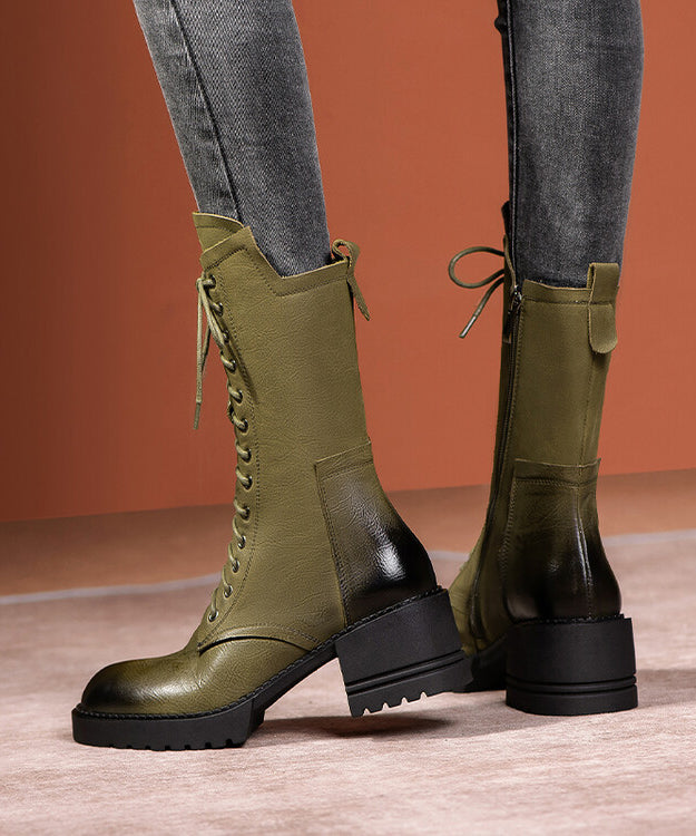 Splicing Chunky Boots Green Cowhide Leather Lace Up