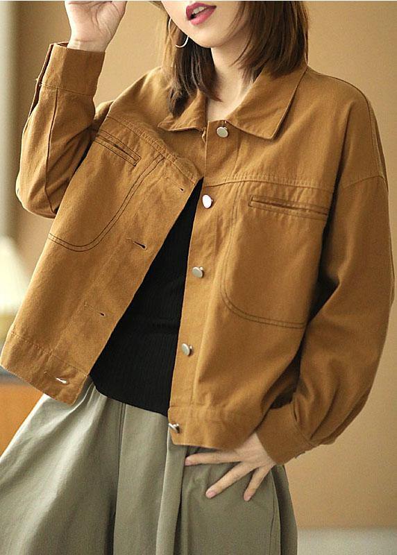 Brown Peter Pan Collar Pockets Button Fall Coats Long Sleeve