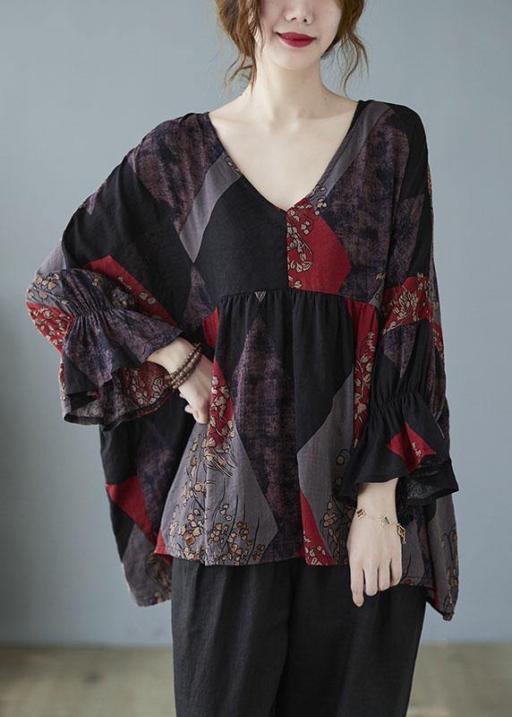 Diy Ruffles Flare Sleeve Print V Neck Tops