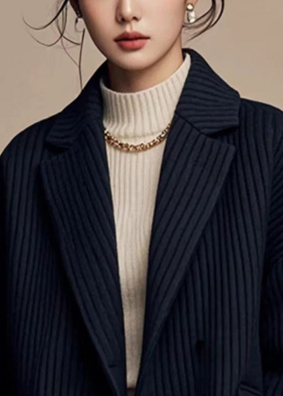 French Black Notched Striped Button Spandex Coats Fall