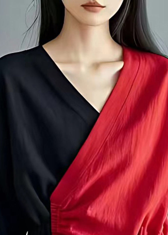 Boutique Colorblock Asymmetrical Patchwork Cinched Linen Tops Summer