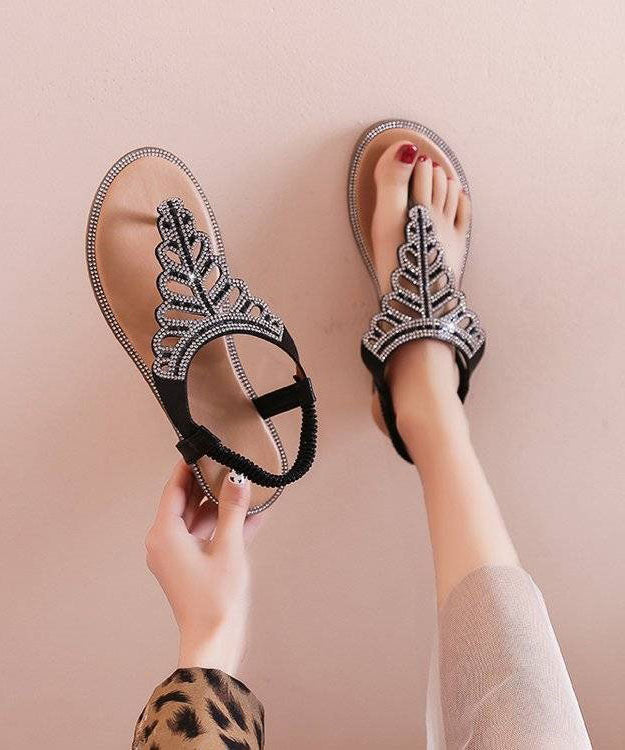 Diy Black Faux Leather Flip Walking Sandals Splicing Zircon