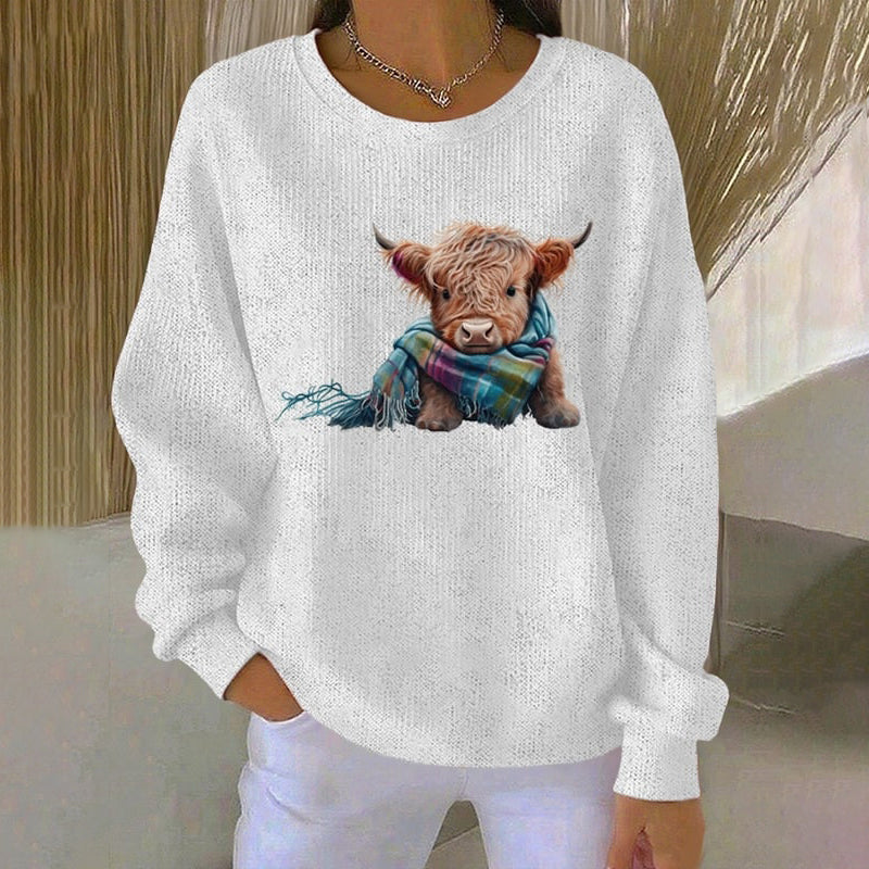 Women's Highland Cow Print Crew Neck Long Sleeve Casual Sweatshirt artswardrobe