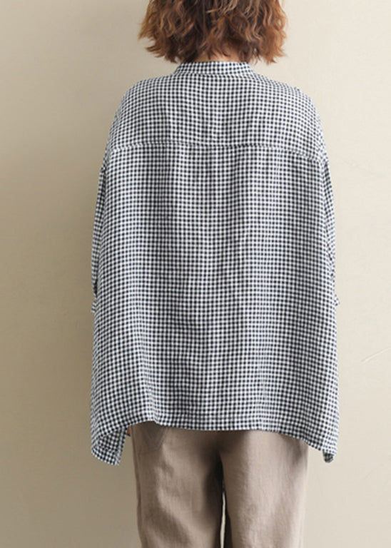 Stand Collar Buttton Low High Design Plaid Shirt Tops Half Sleeve