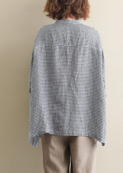 Stand Collar Buttton Low High Design Plaid Shirt Tops Half Sleeve