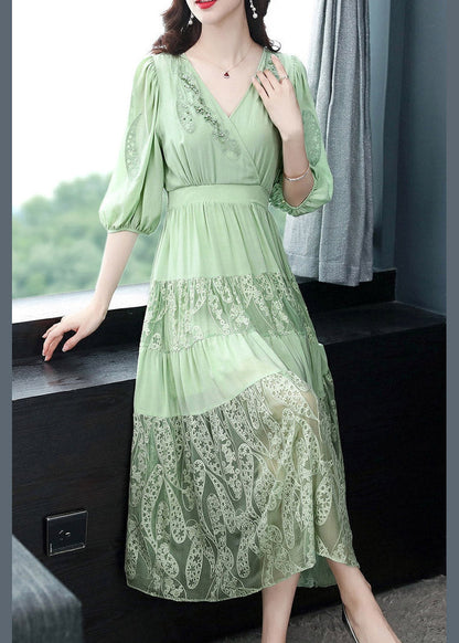 Simple Green V Neck Embroideried Elastic Waist Silk Long Dress Short Sleeve Summer