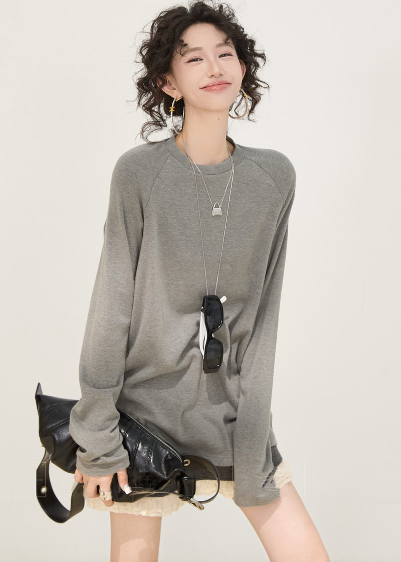 Loose Grey O-neck Tie Dye Cotton Shirt Spring