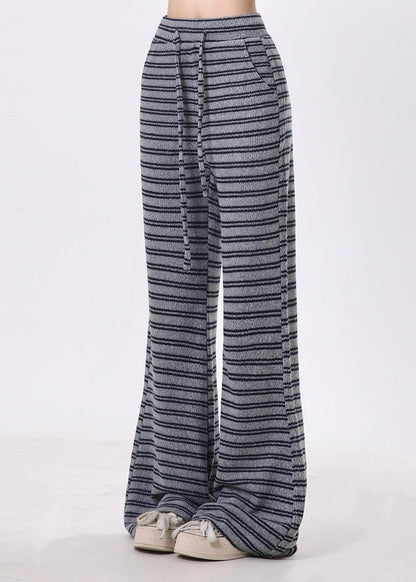 Grey Striped Cotton Bell-bottom Trousers Spring