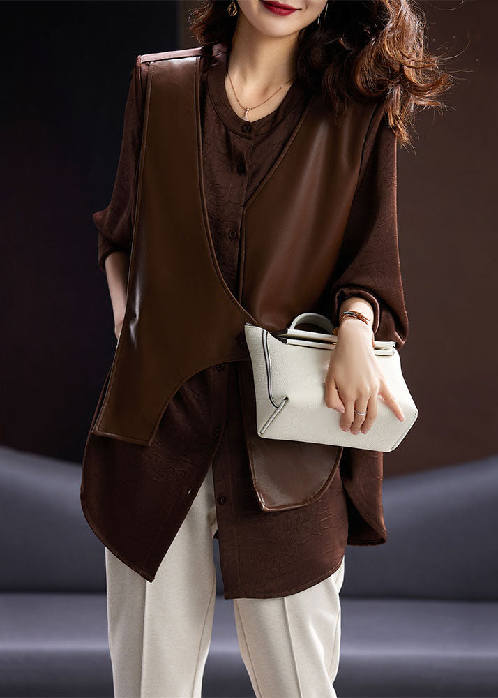 Boutique Coffee O-neck Pu Patchwork Fake Two Pieces Satin Shirt Long Sleeve