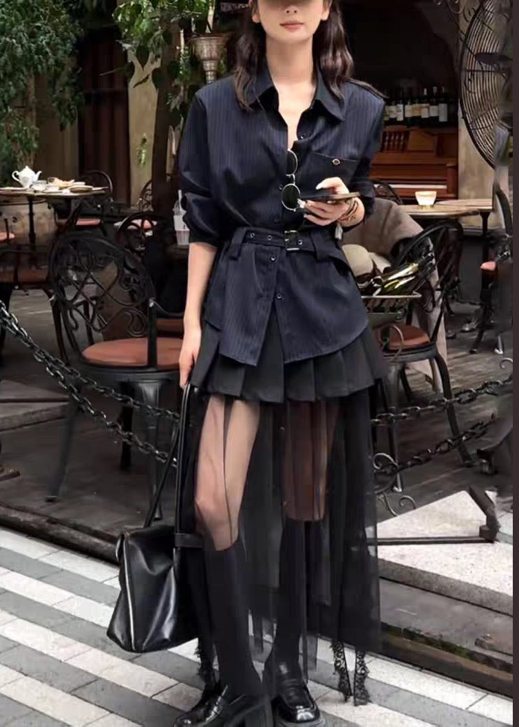 Striped Navy Sashes Shirts and Black Tulle Pleated Skirts Two Pieces Set Fall