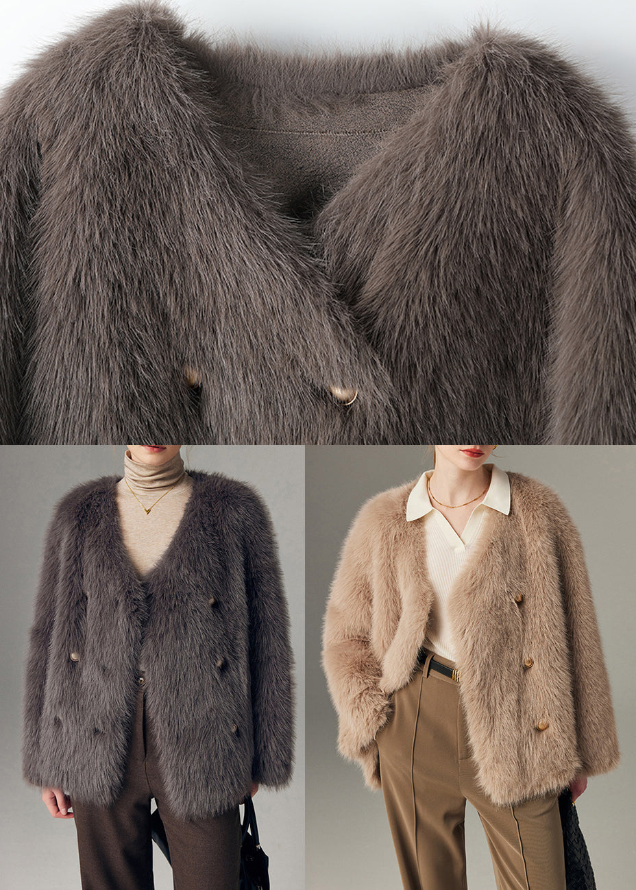 Boutique Khaki Double Breast Warm Faux Fox Fur Coats Winter