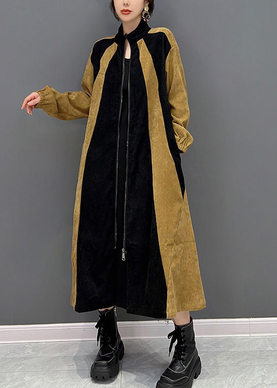 Black Patchwork Yellow Zippered Long Coat Spring