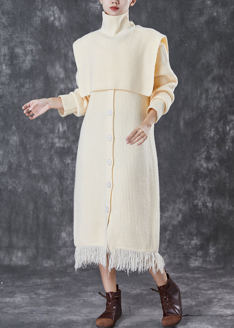 Beige Turtle Neck Knitwear Dress Two Piece Set Spring