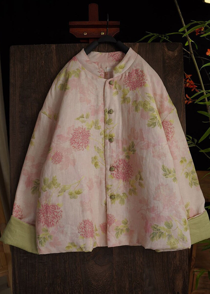 Pink O Neck Print Fine Cotton Filled Coats Long Sleeve