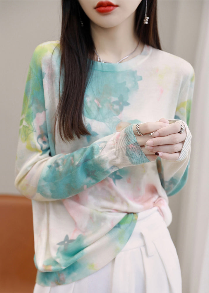 Green O Neck Print Silk Cotton T Shirt Spring