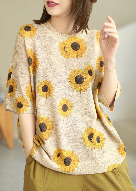 Khaki Knit O-neck Loose Fall Half Sleeve Top