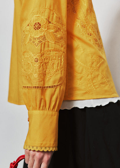 Yellow Embroidered Button Cotton Shirt Tops Fall