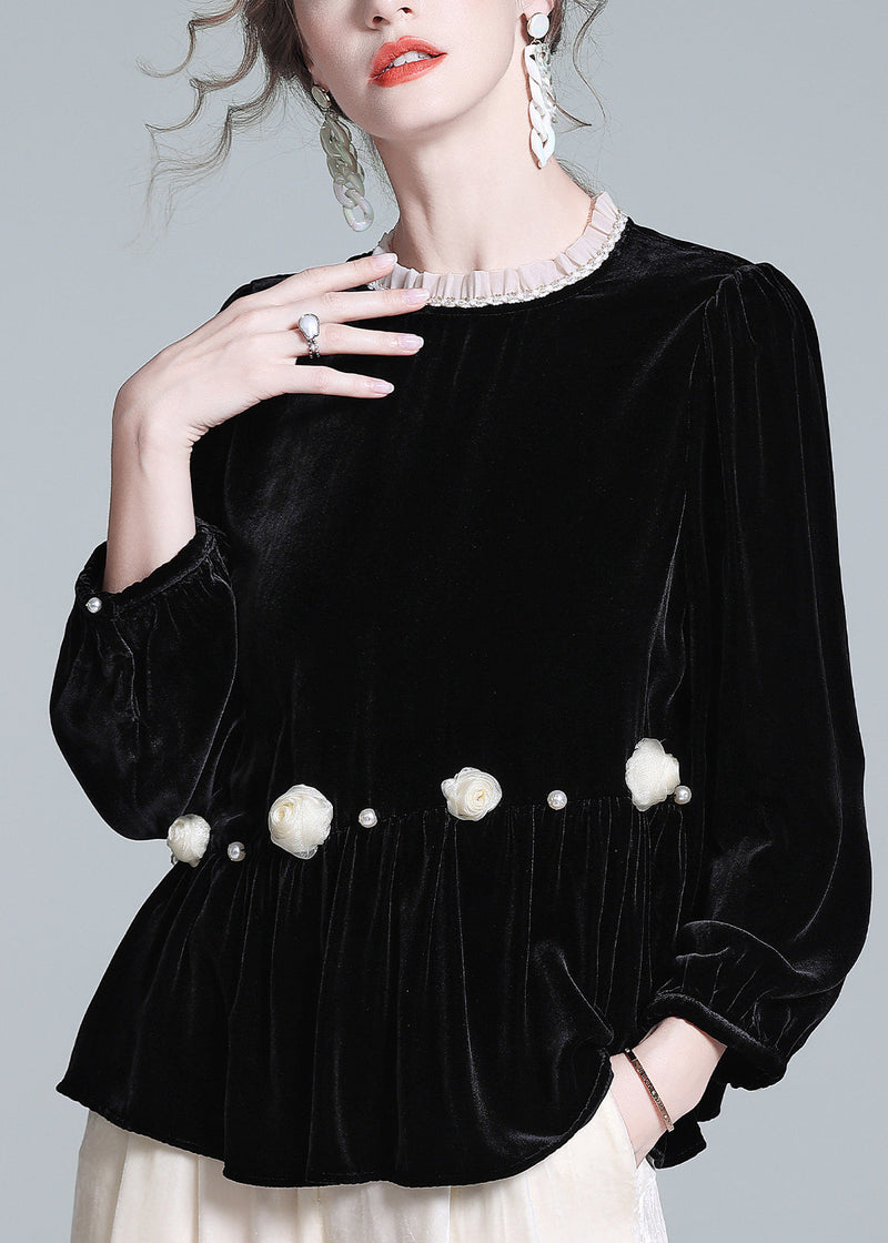 French Black O-neck Wrinkled Silk Velour Top Lantern Sleeve